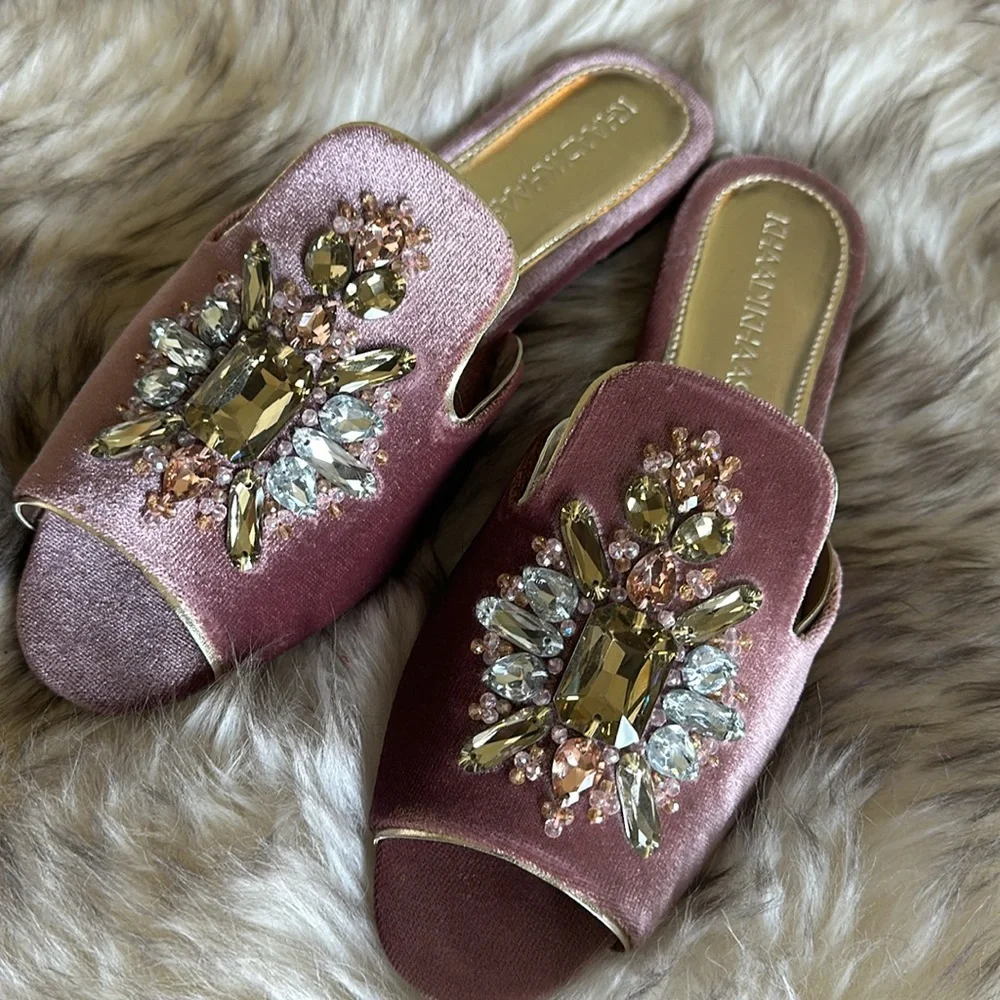 Pink velvet slides Rhinestones crystals New with dustbags & a box - Picture 3 of 10